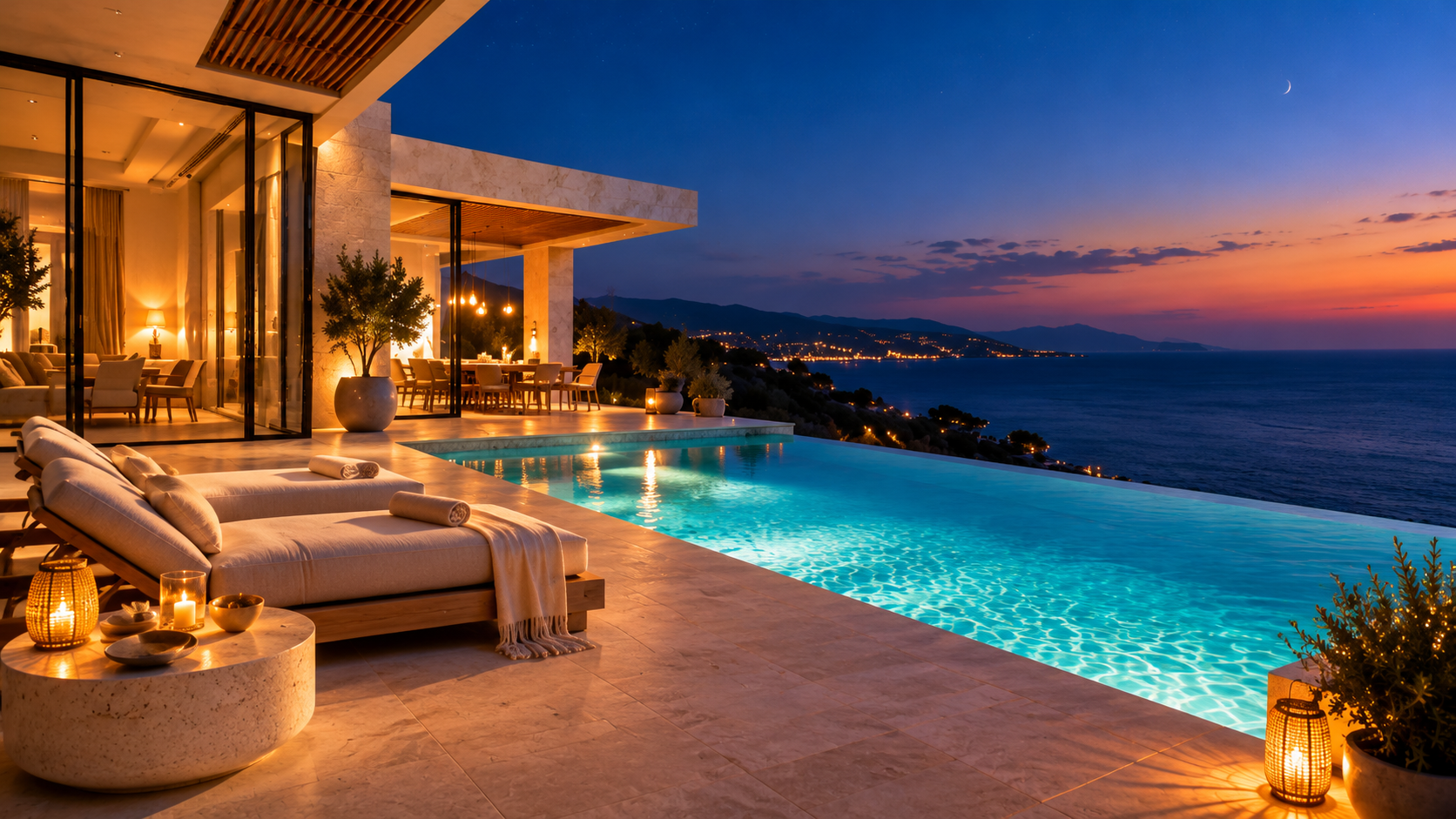 The illuminated residence and infinity pool overlooking the Mediterranean at dusk