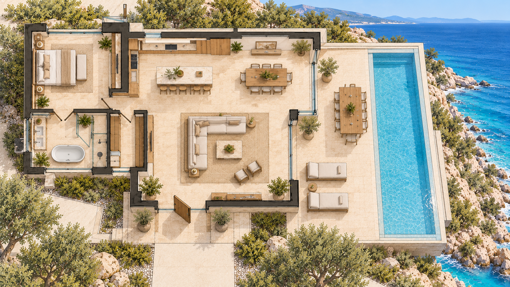Approved Summer House floor plan with the entrance below the living room, private rooms on the left, and the long infinity pool on the right